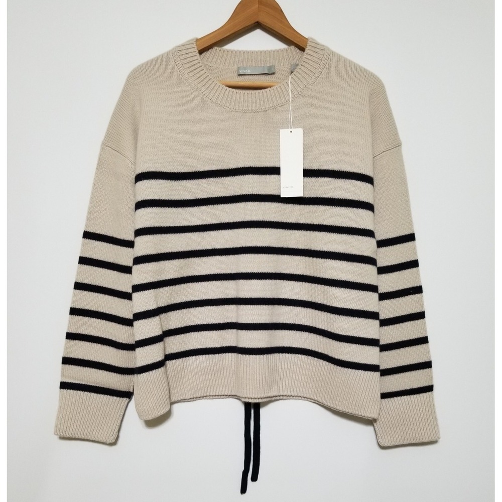 Vince Striped Boxy 100% Cashmere Crewneck Sweater Beige Black XL $385